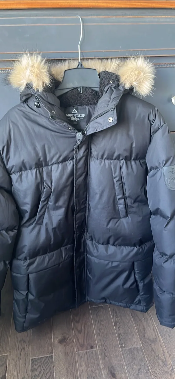 Men's Mountain Ridge Black Puffer Jacket with Faux Fur Hood