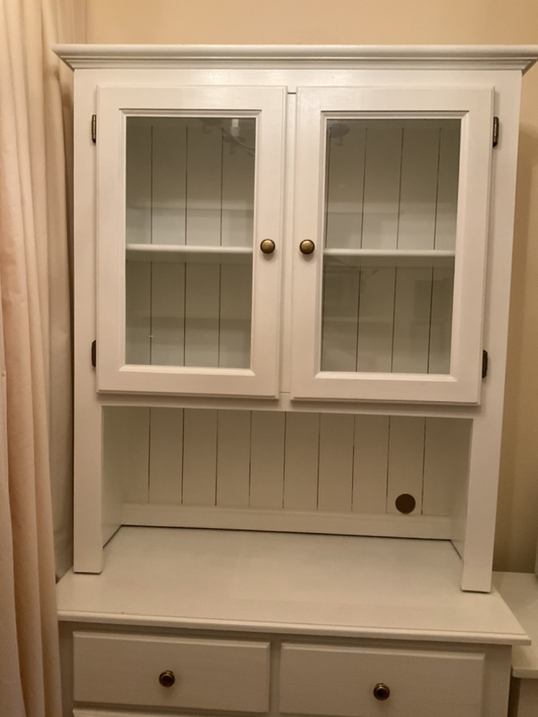 White Wooden Hutch with Glass Doors and Drawers