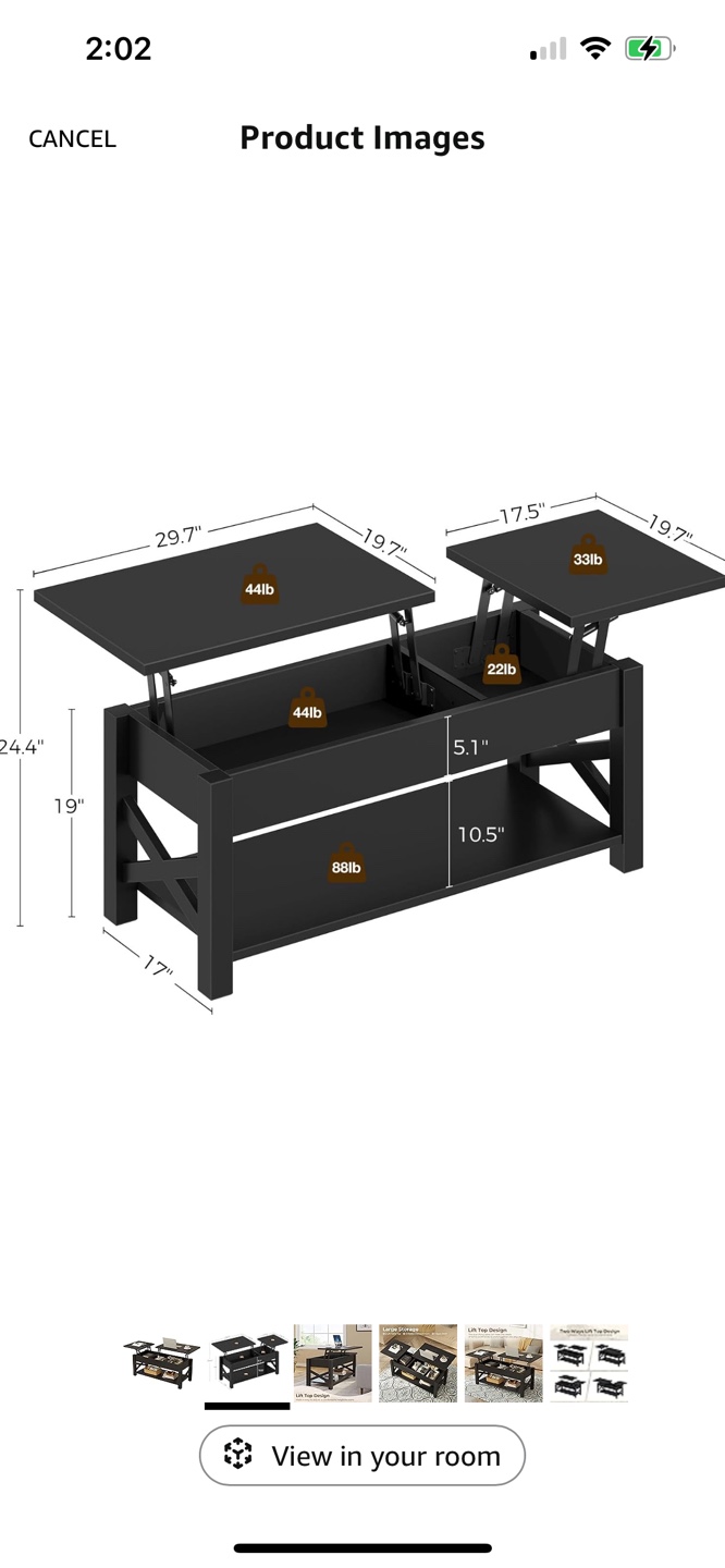 Black Lift Top Coffee Table with Storage