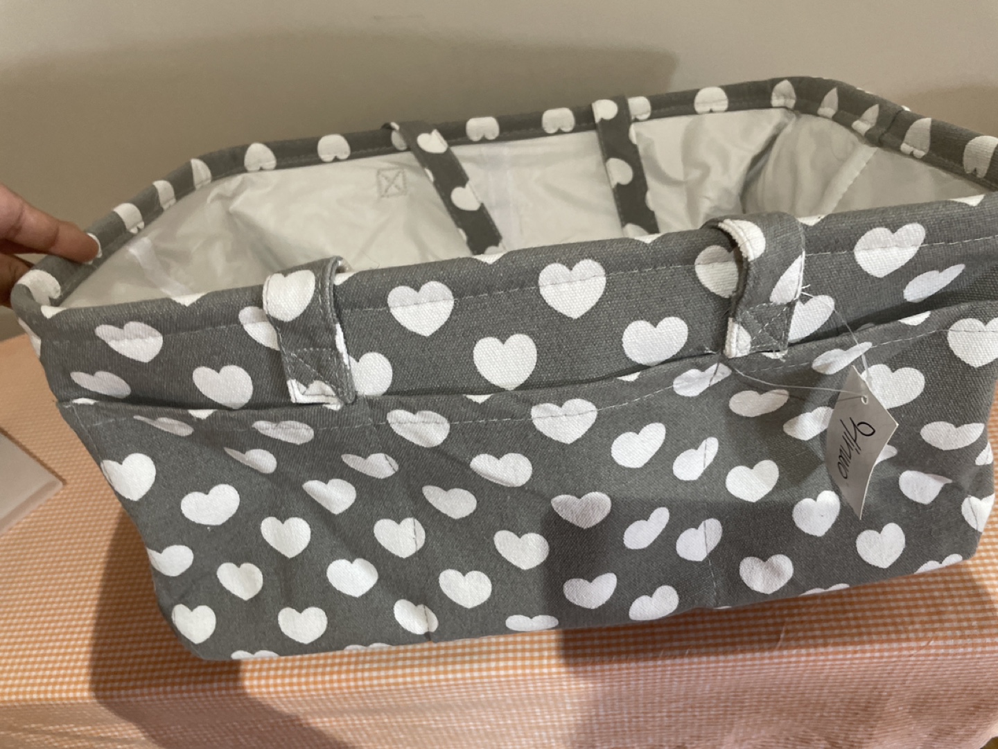 Grey and White Heart-Patterned Fabric Storage Basket - photo 2