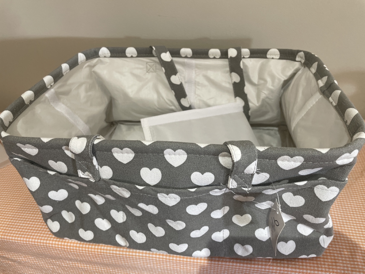 Grey and White Heart-Patterned Fabric Storage Basket - photo 3
