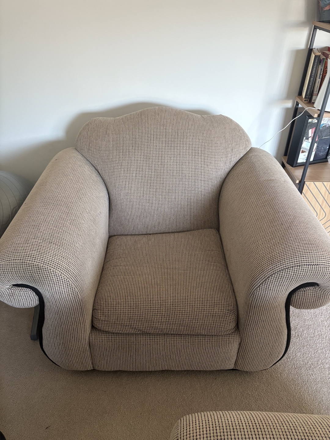 Beige and Brown Checked Loveseat and Armchair Set