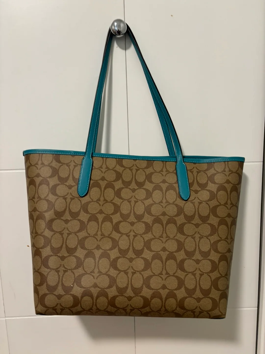 Coach tote bag, brown signature canvas with teal accents image indicator(2)