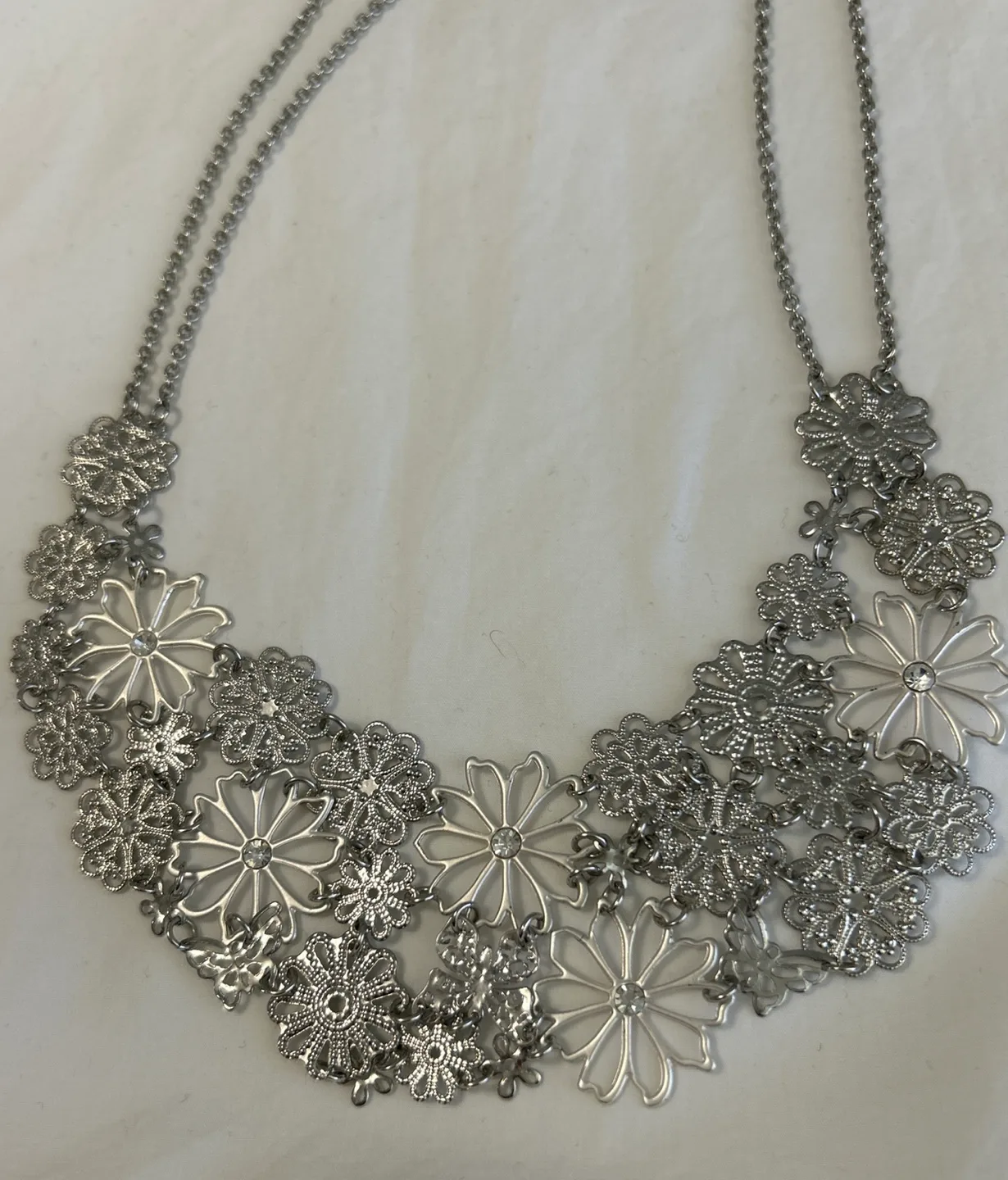 Silver Filigree Flower With Rhinestones Statement Necklace image indicator(3)