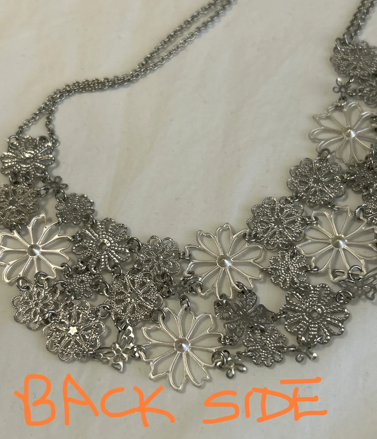 Silver Filigree Flower With Rhinestones Statement Necklace image indicator(4)
