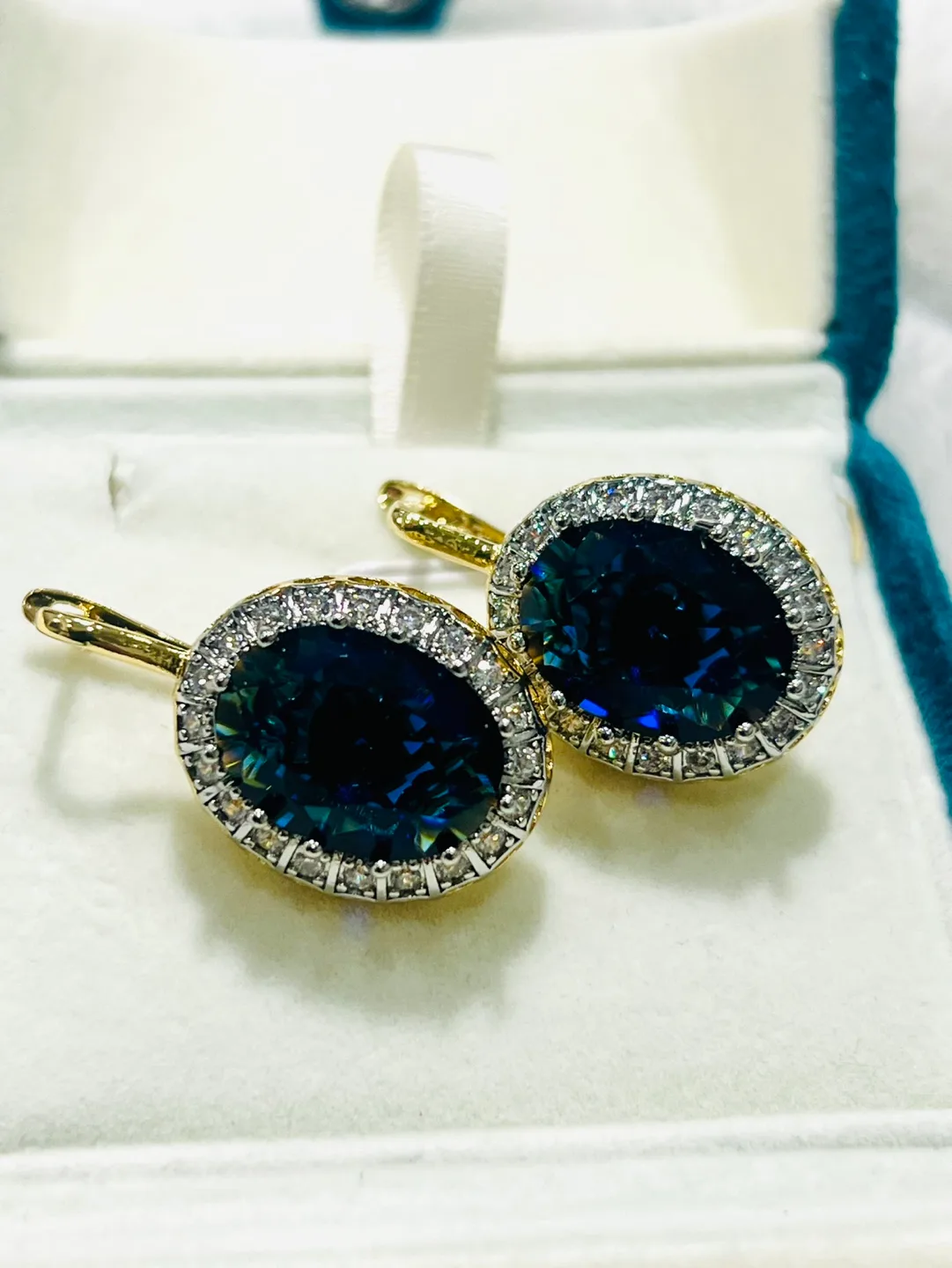 Elegant Gold-Tone Oval Blue Gemstone Earrings thumbnail