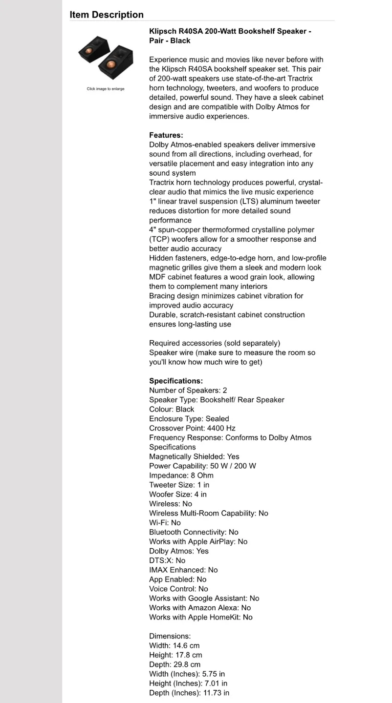 BRAND NEW! Klipsch R40SA 200-Watt Bookshelf Speaker $734.49 image indicator(5)