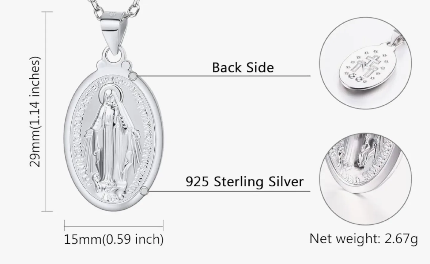 925 Sterling Silver Miraculous Medal Pendant Necklace image indicator(5)