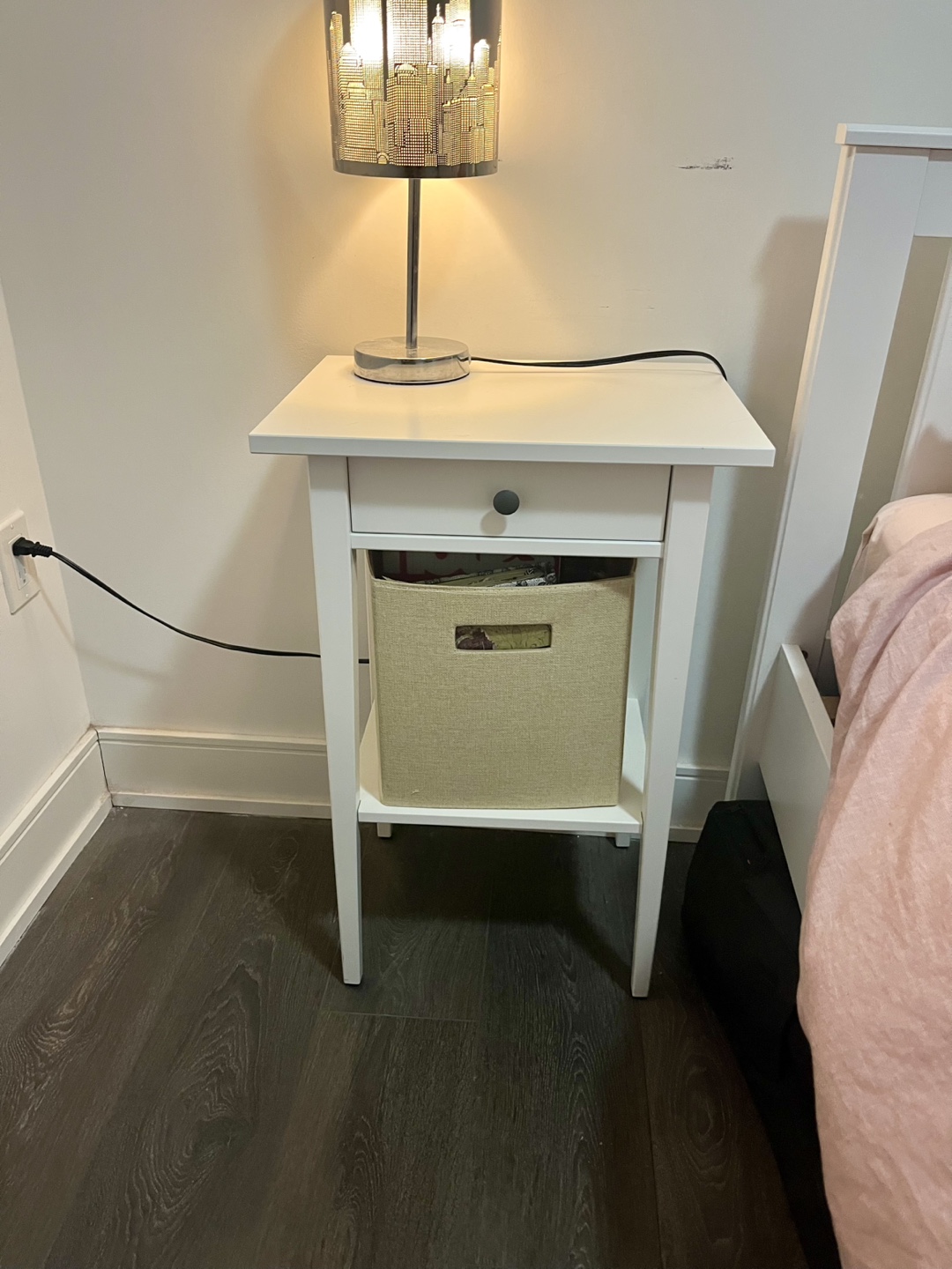 White Ikea Nightstand and Basket