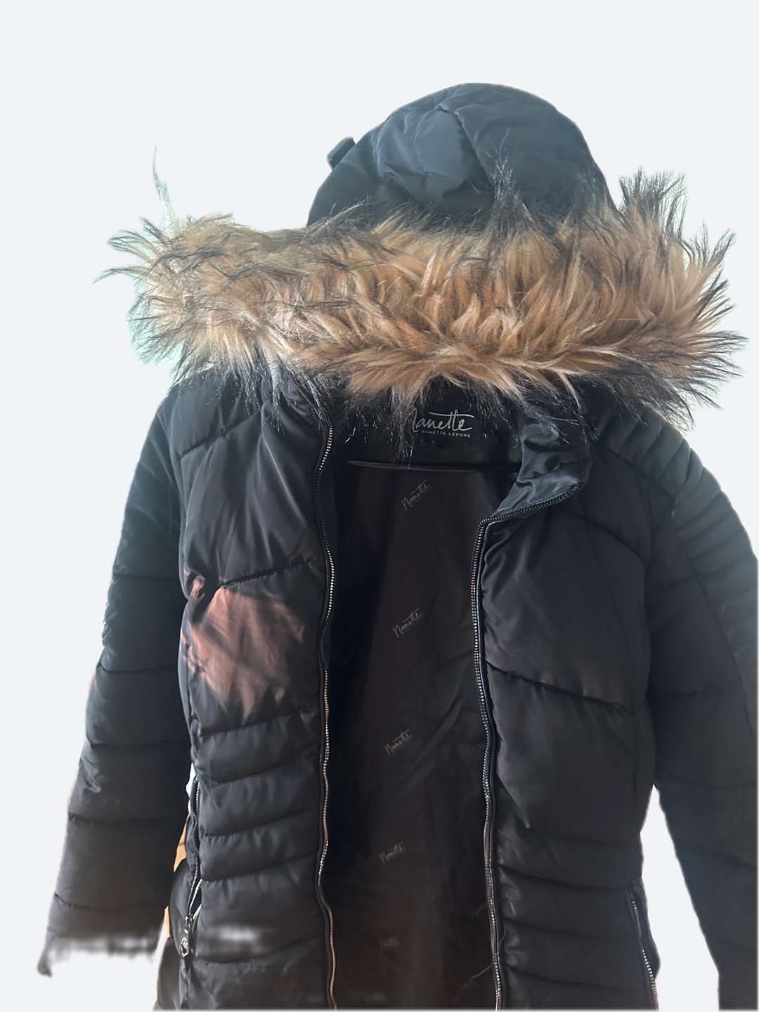 Nanette Lepore Black Puffer Jacket with Faux Fur Hood
