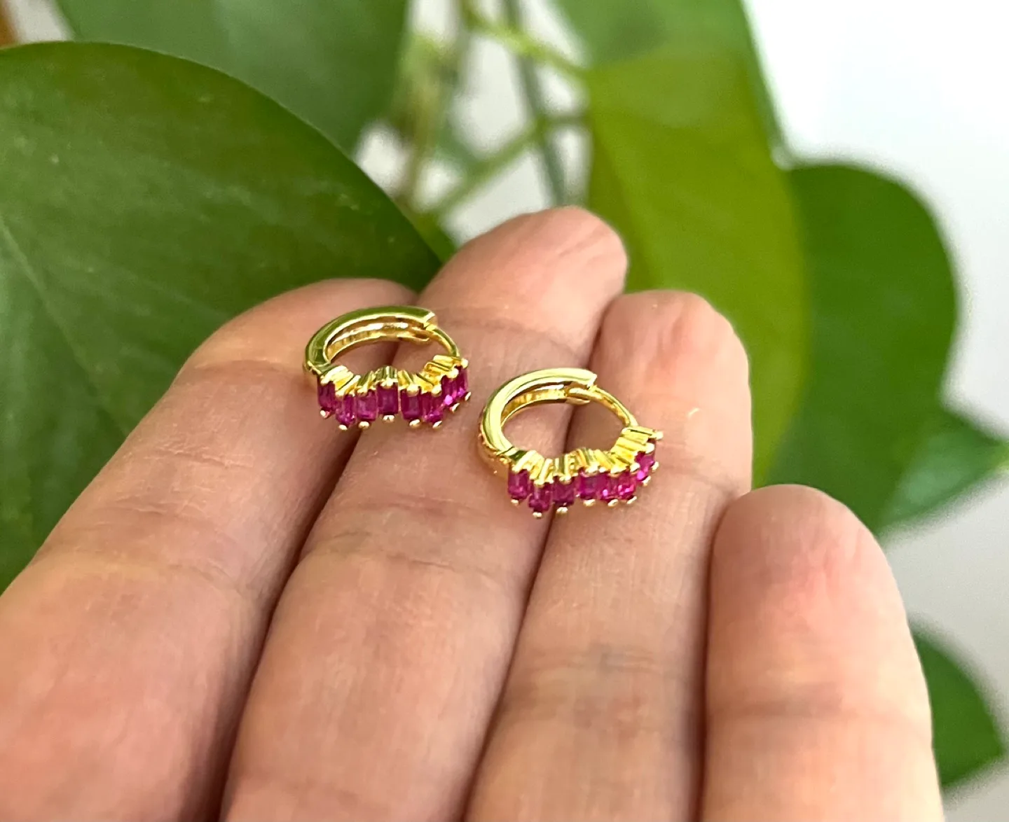 Gold Huggie Earrings with Pink Cubic Zirconia image indicator(2)
