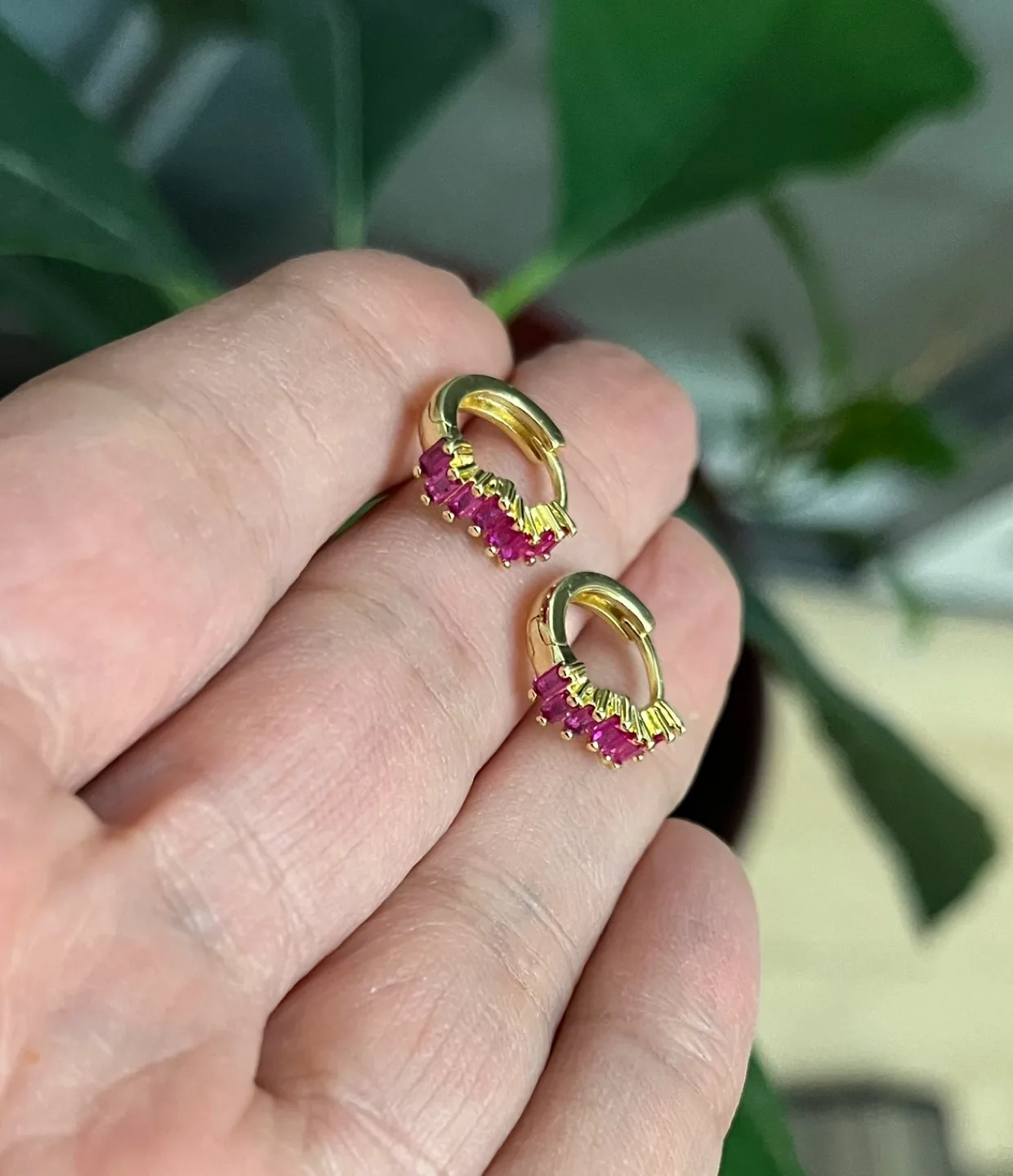 Gold Huggie Earrings with Pink Cubic Zirconia image indicator(4)