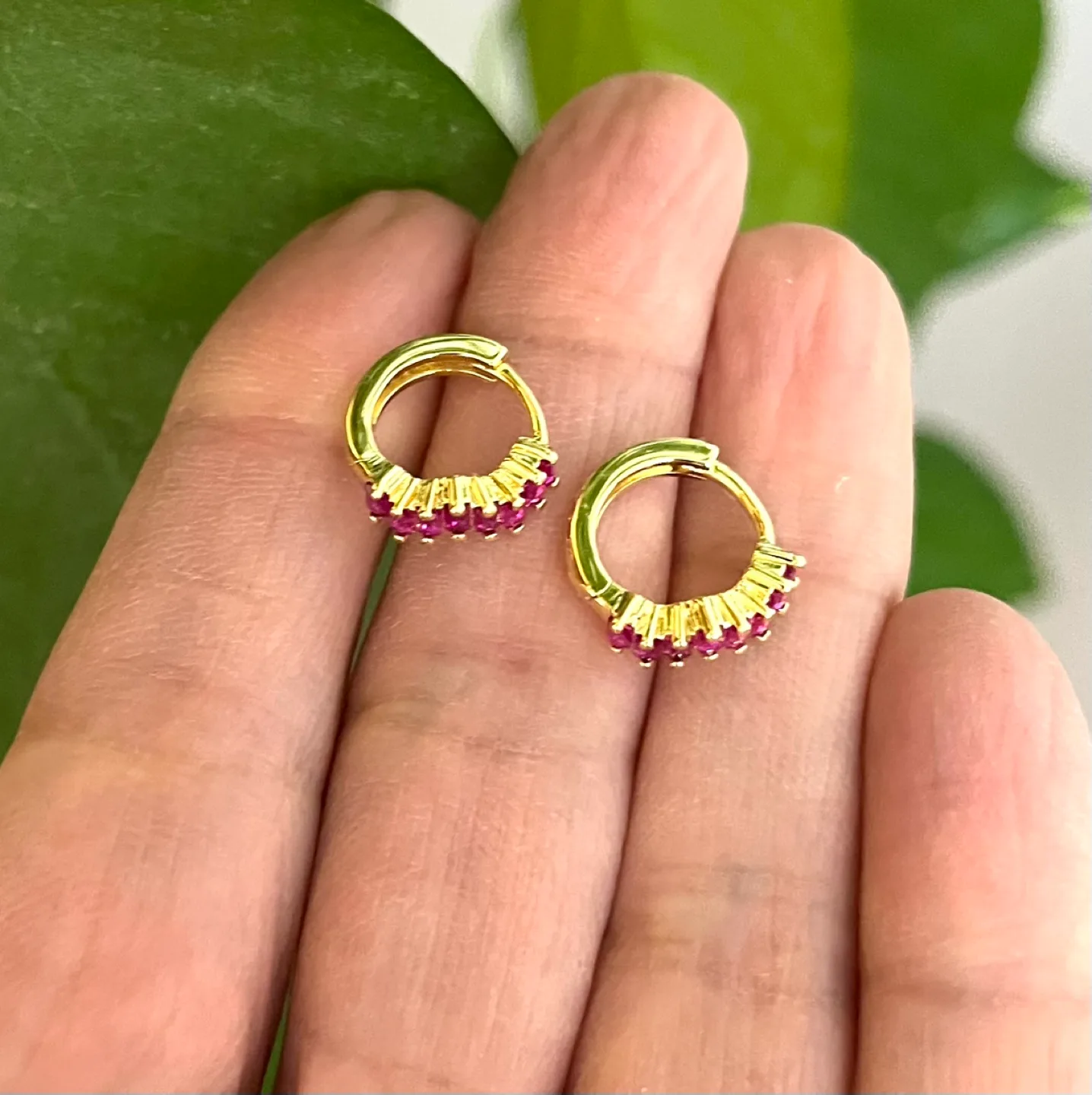 Gold Huggie Earrings with Pink Cubic Zirconia image indicator(3)