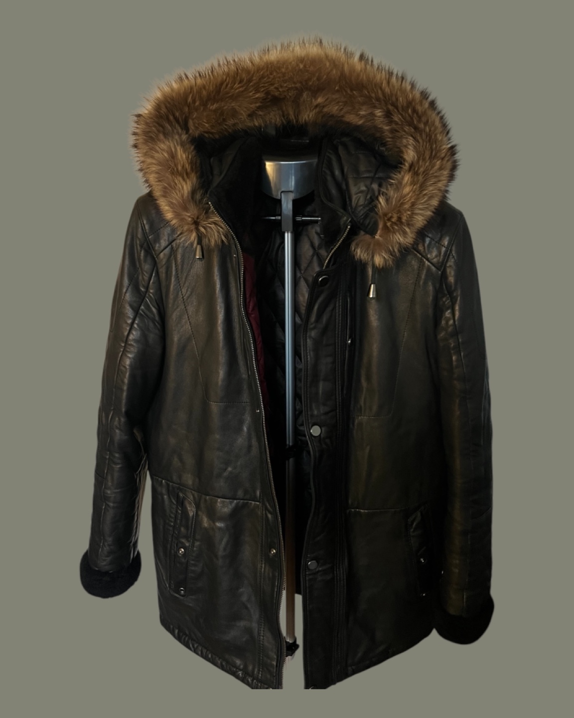 Men's Black Leather Jacket with Fur Hood
