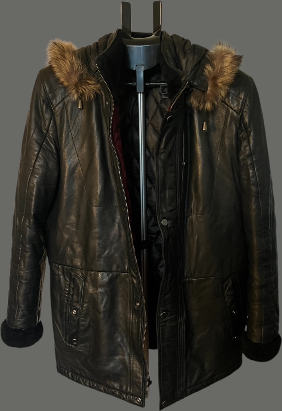 Men's Black Leather Jacket with Fur Hood - photo 4