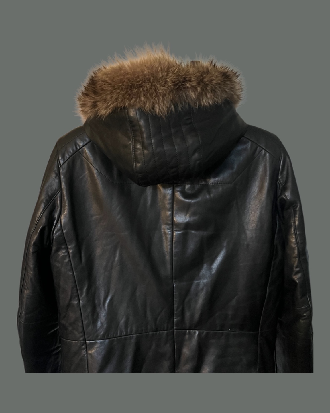 Men's Black Leather Jacket with Fur Hood - photo 2