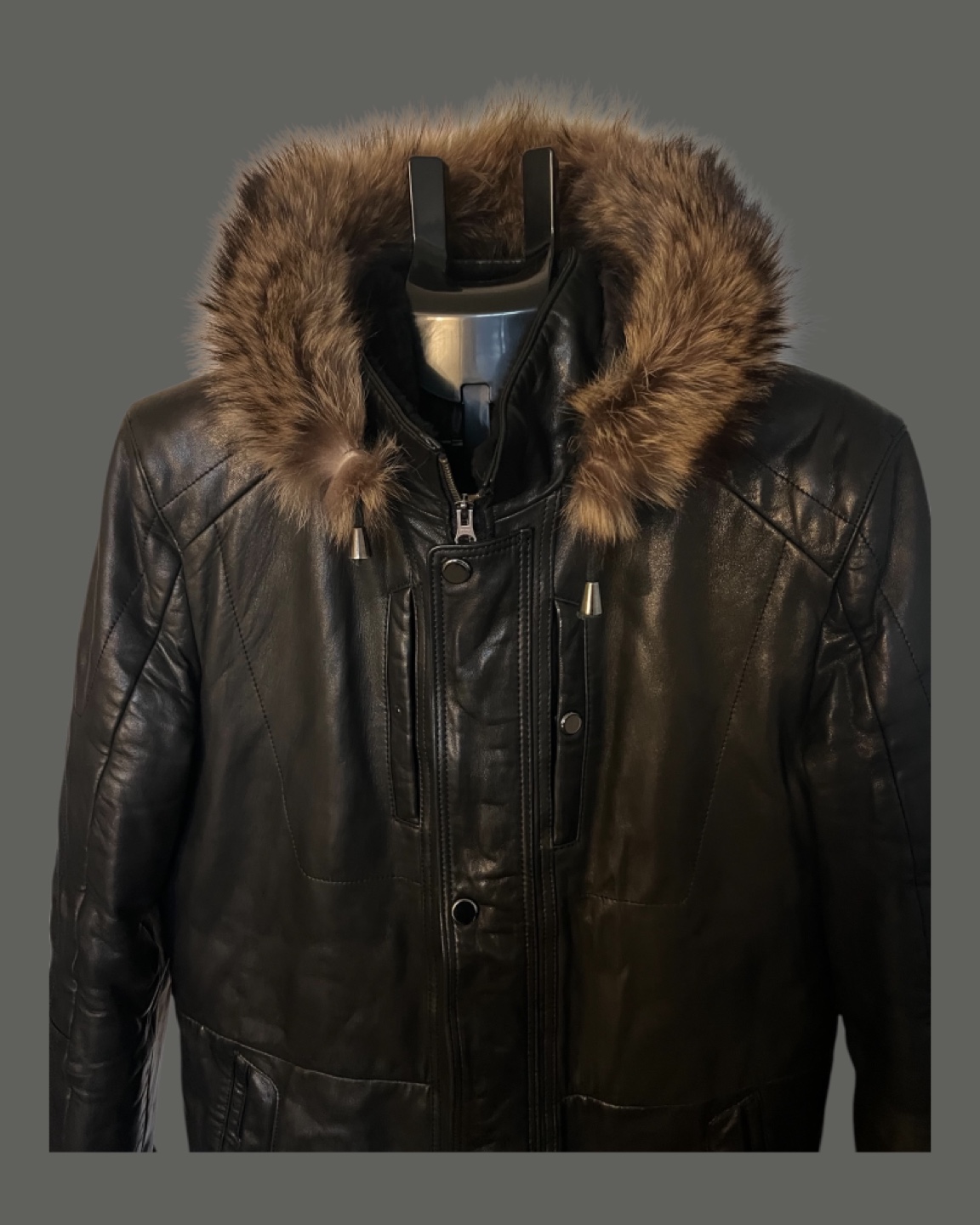 Men's Black Leather Jacket with Fur Hood - photo 3
