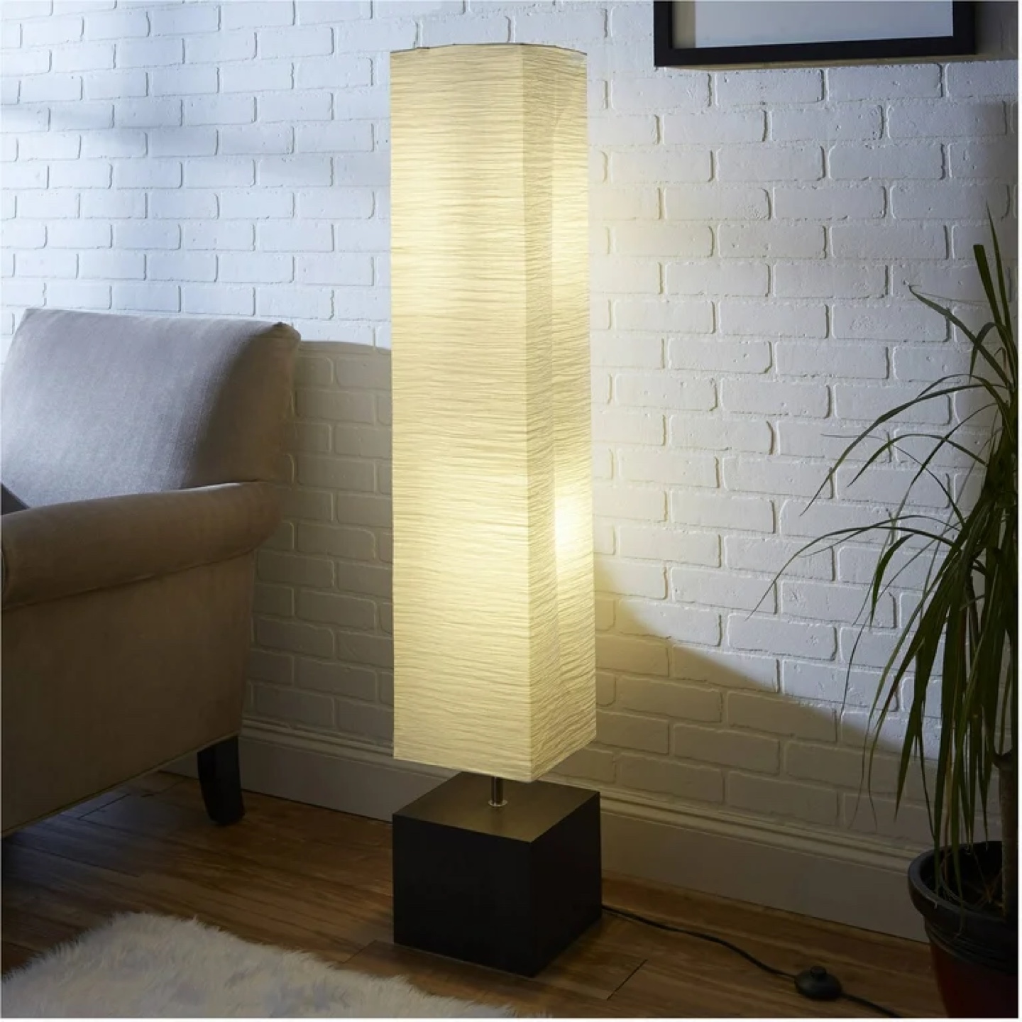 Tall Cream Floor Lamp with Wooden Base