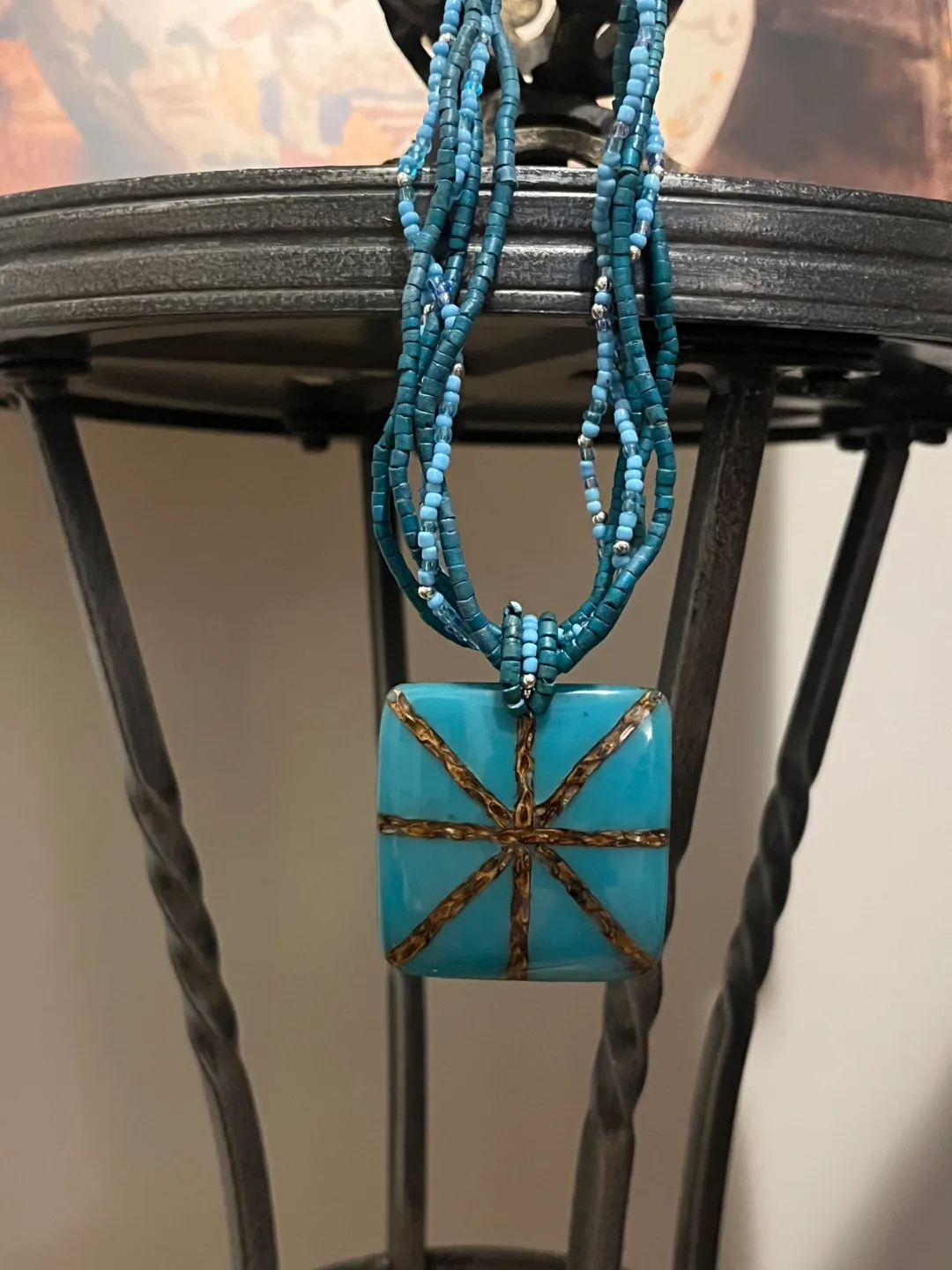 Beaded Necklace with Teal Square Pendant image indicator(2)