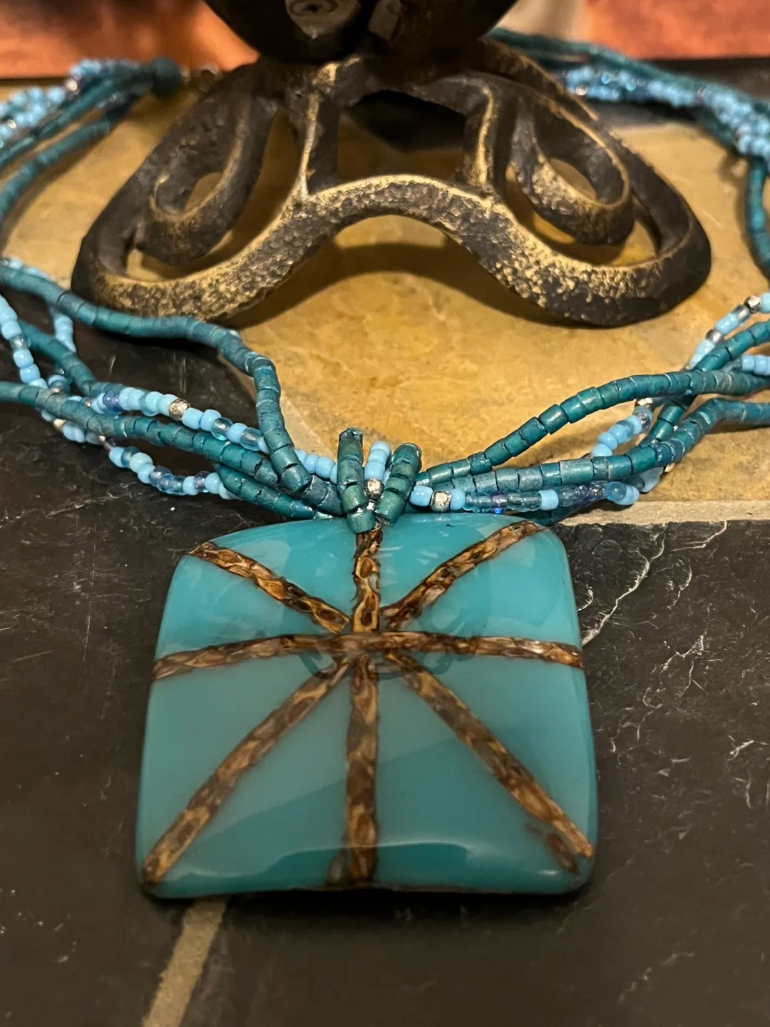 Beaded Necklace with Teal Square Pendant image indicator(3)