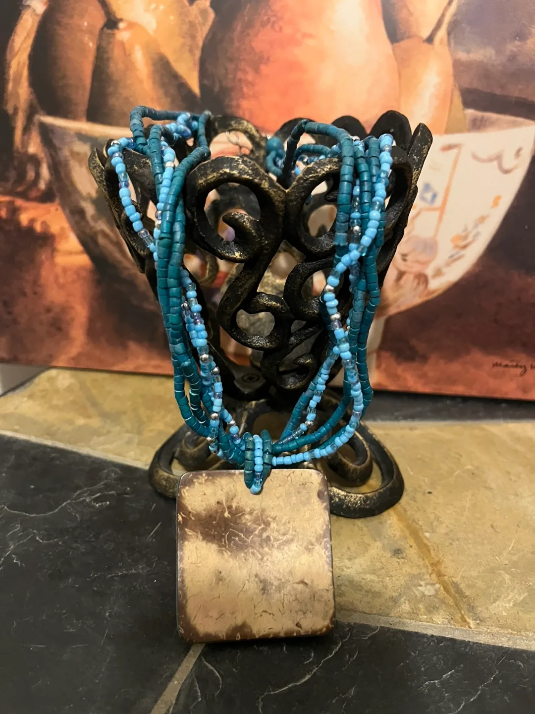 Beaded Necklace with Teal Square Pendant image indicator(5)