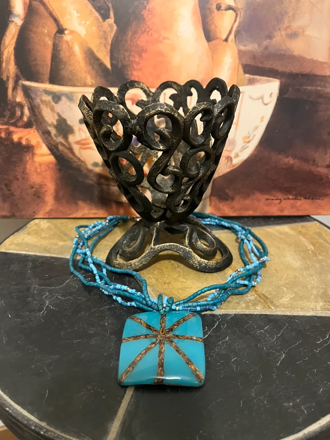 Beaded Necklace with Teal Square Pendant image indicator(4)