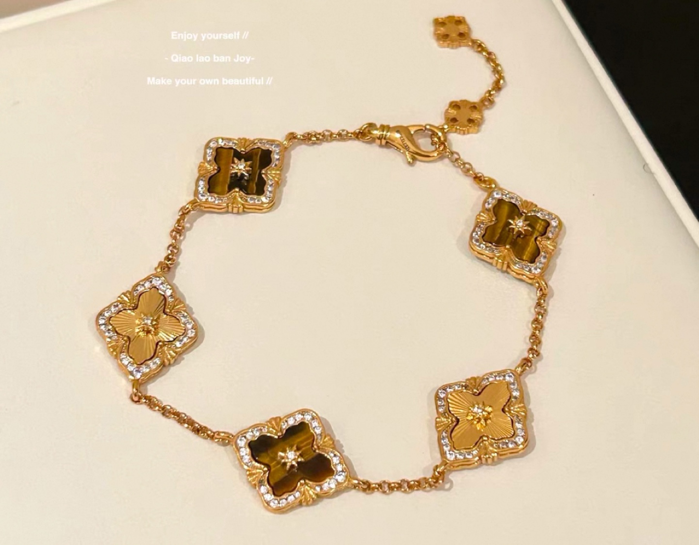 Gold Bracelet with Tiger Eye and Clear Stones