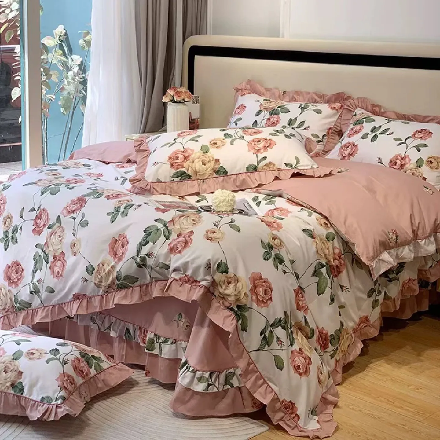 Floral Queen/King Size Ruffle Bedspread Set 6pcs image indicator(5)