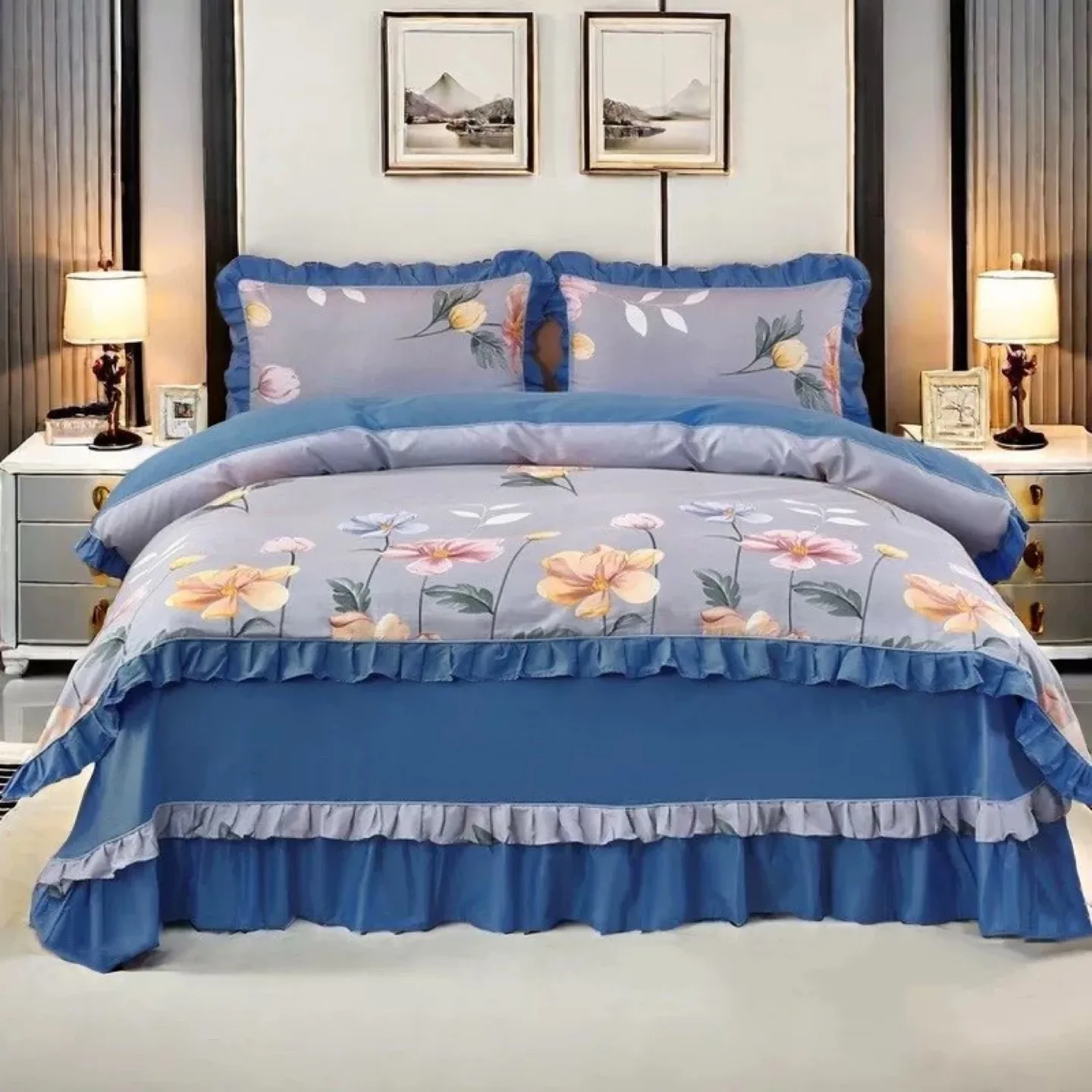 Floral Queen/King Size Ruffle Bedspread Set 6pcs image indicator(7)