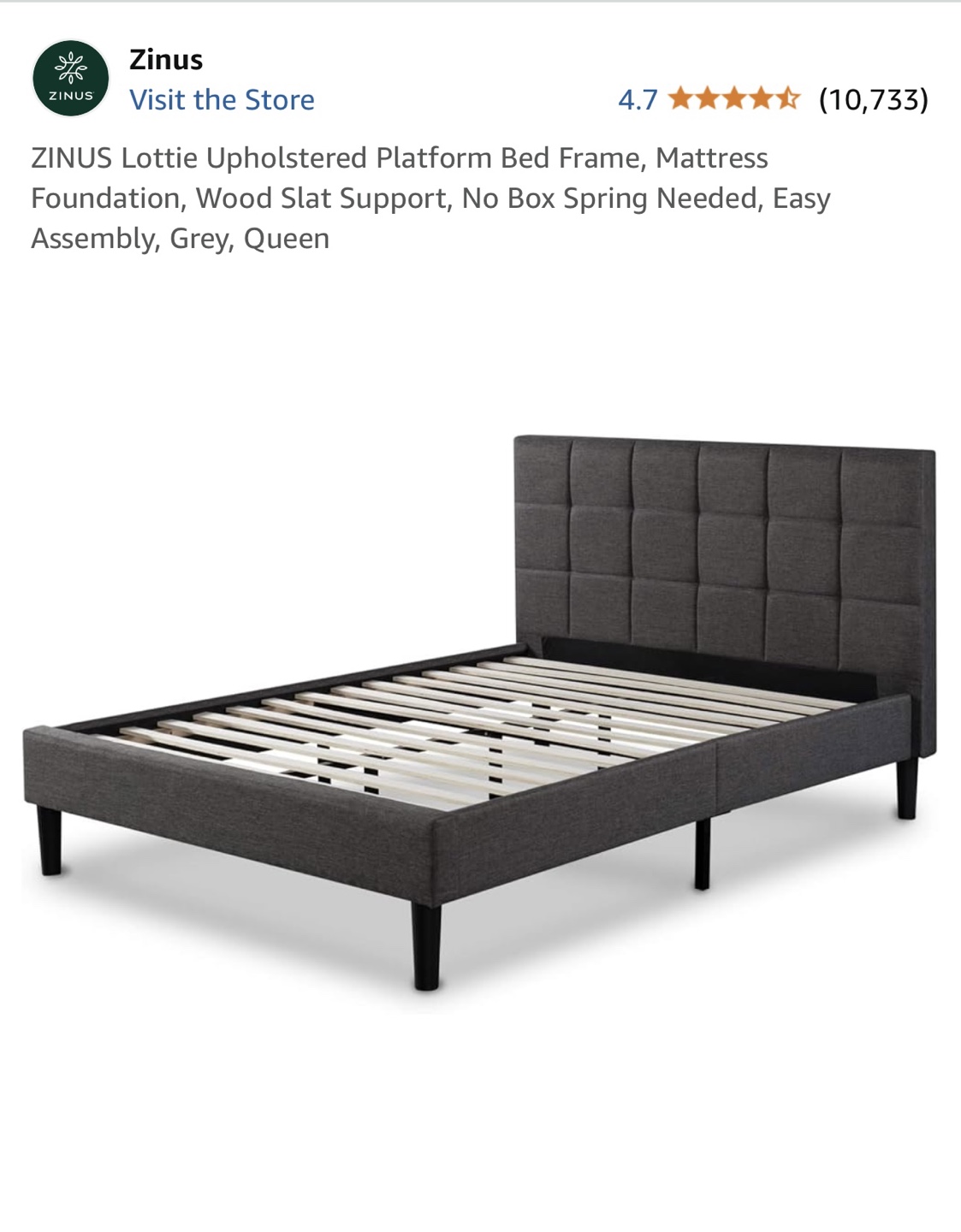 Zinus Lottie Upholstered Platform Bed Frame, Queen, Grey