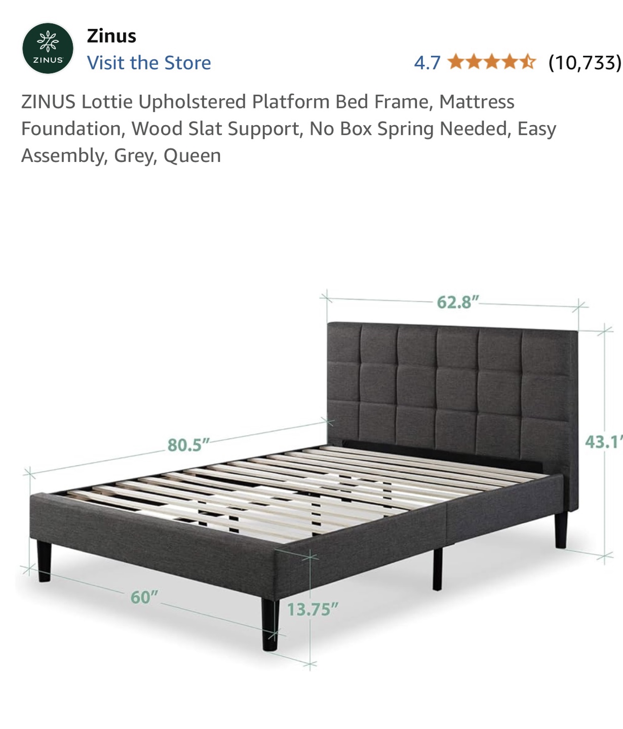 Zinus Lottie Upholstered Platform Bed Frame, Queen, Grey - photo 2