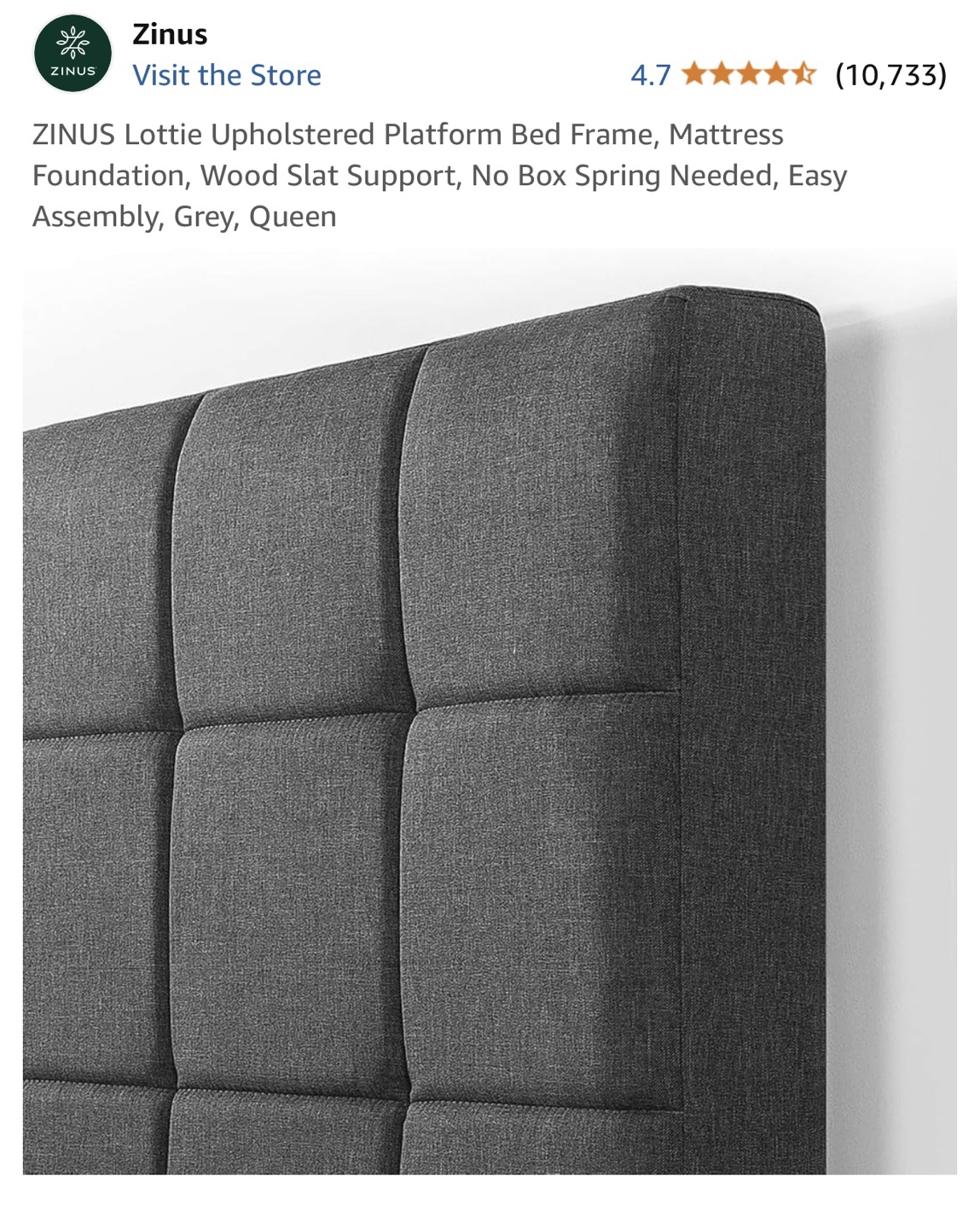 Zinus Lottie Upholstered Platform Bed Frame, Queen, Grey - photo 3