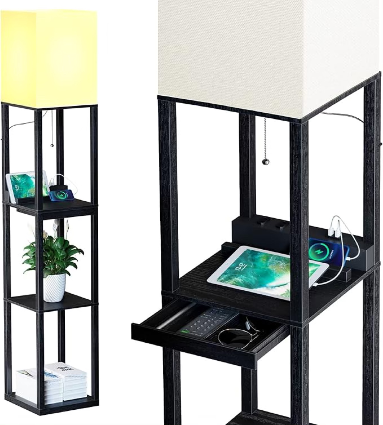 Black Floor Lamp with Charging Station and Shelves - photo 2