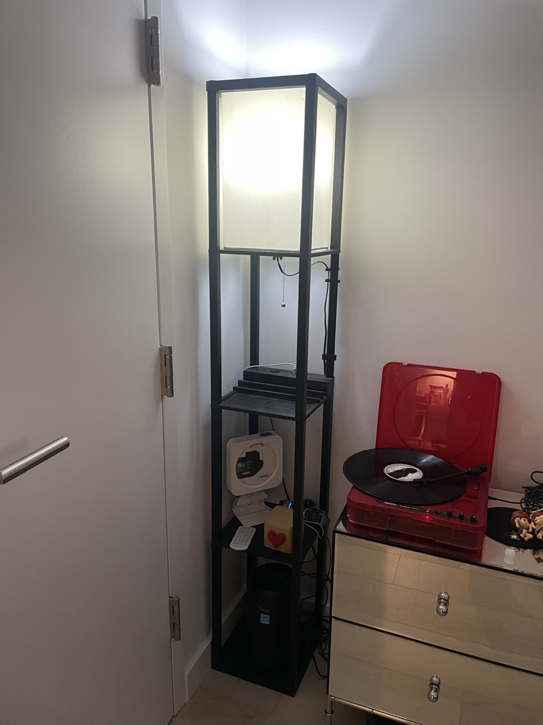 Black Floor Lamp with Charging Station and Shelves