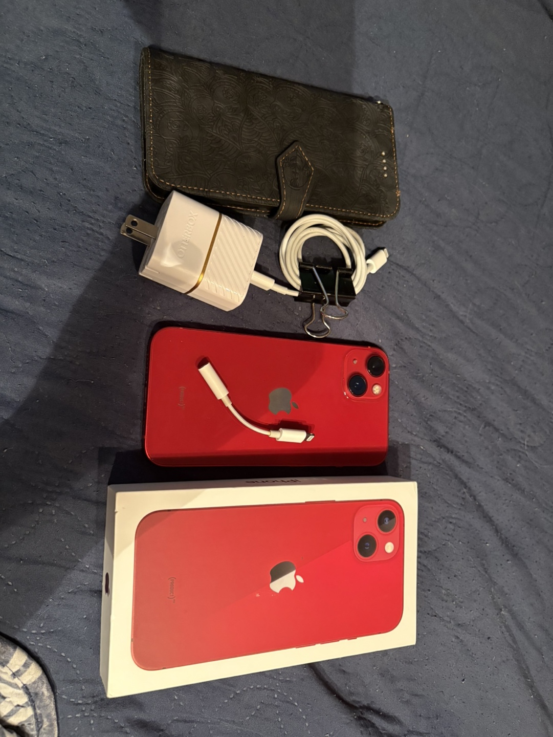 iPhone 13 with case, power cable and adapter for ear  phone