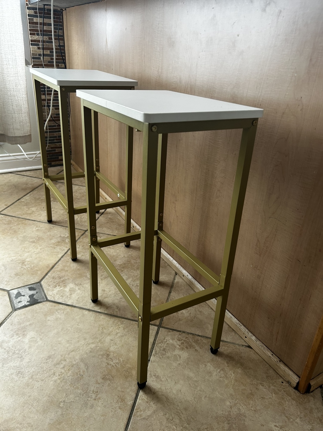 Pair of Gold Metal and White Top Bar Stools