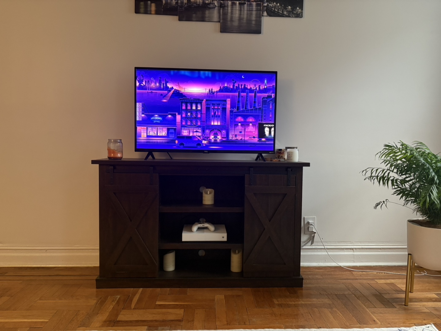 Rustic Farmhouse Style TV Stand with Sliding Barn Doors