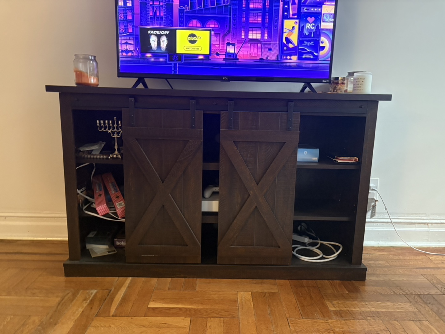 Rustic Farmhouse Style TV Stand with Sliding Barn Doors - photo 3