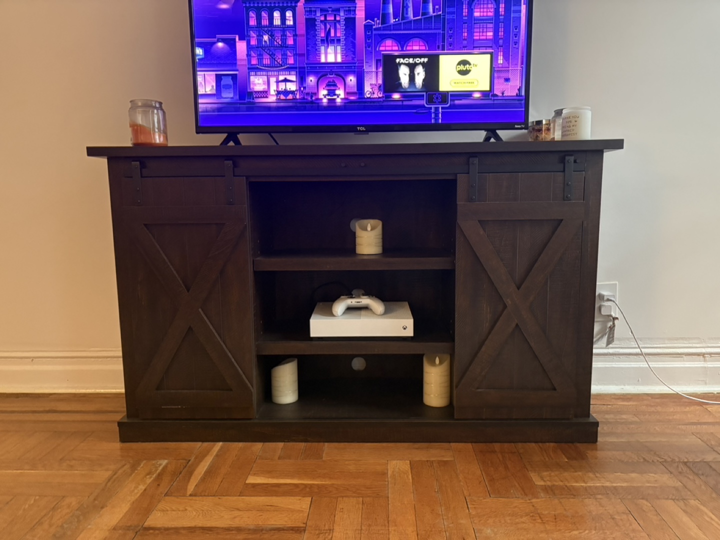 Rustic Farmhouse Style TV Stand with Sliding Barn Doors - photo 2
