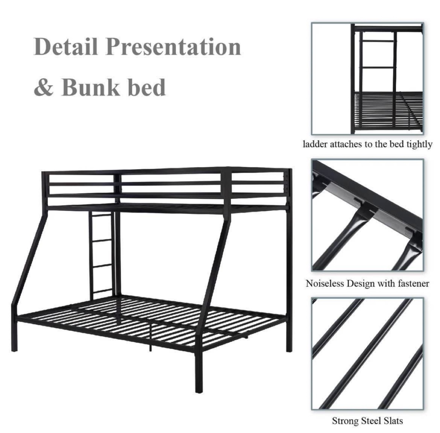 Kids Bunk Bed Frame, Metal Twin over Full, Black - photo 4
