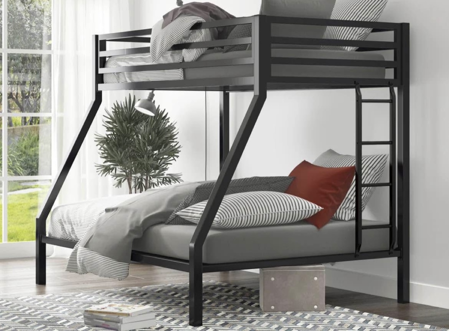 Kids Bunk Bed Frame, Metal Twin over Full, Black