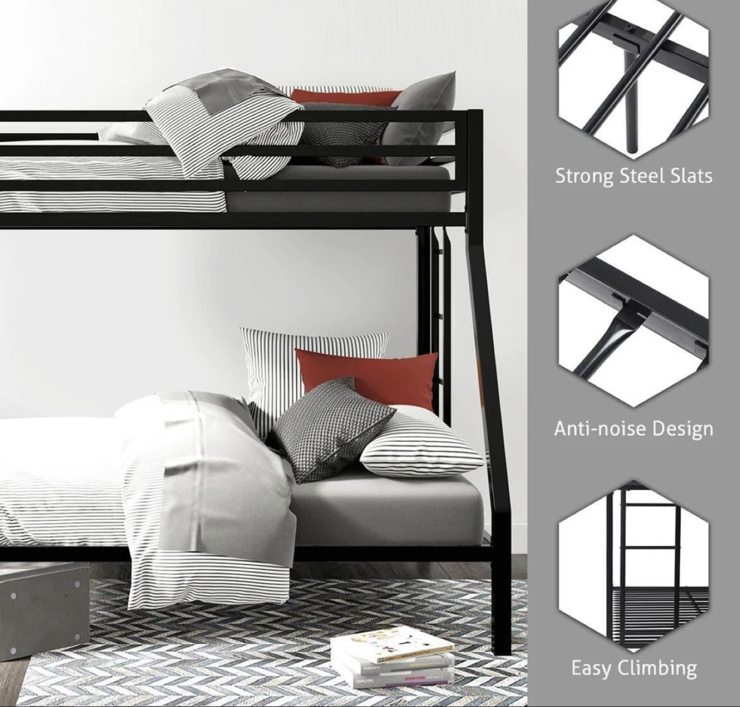 Kids Bunk Bed Frame, Metal Twin over Full, Black - photo 2