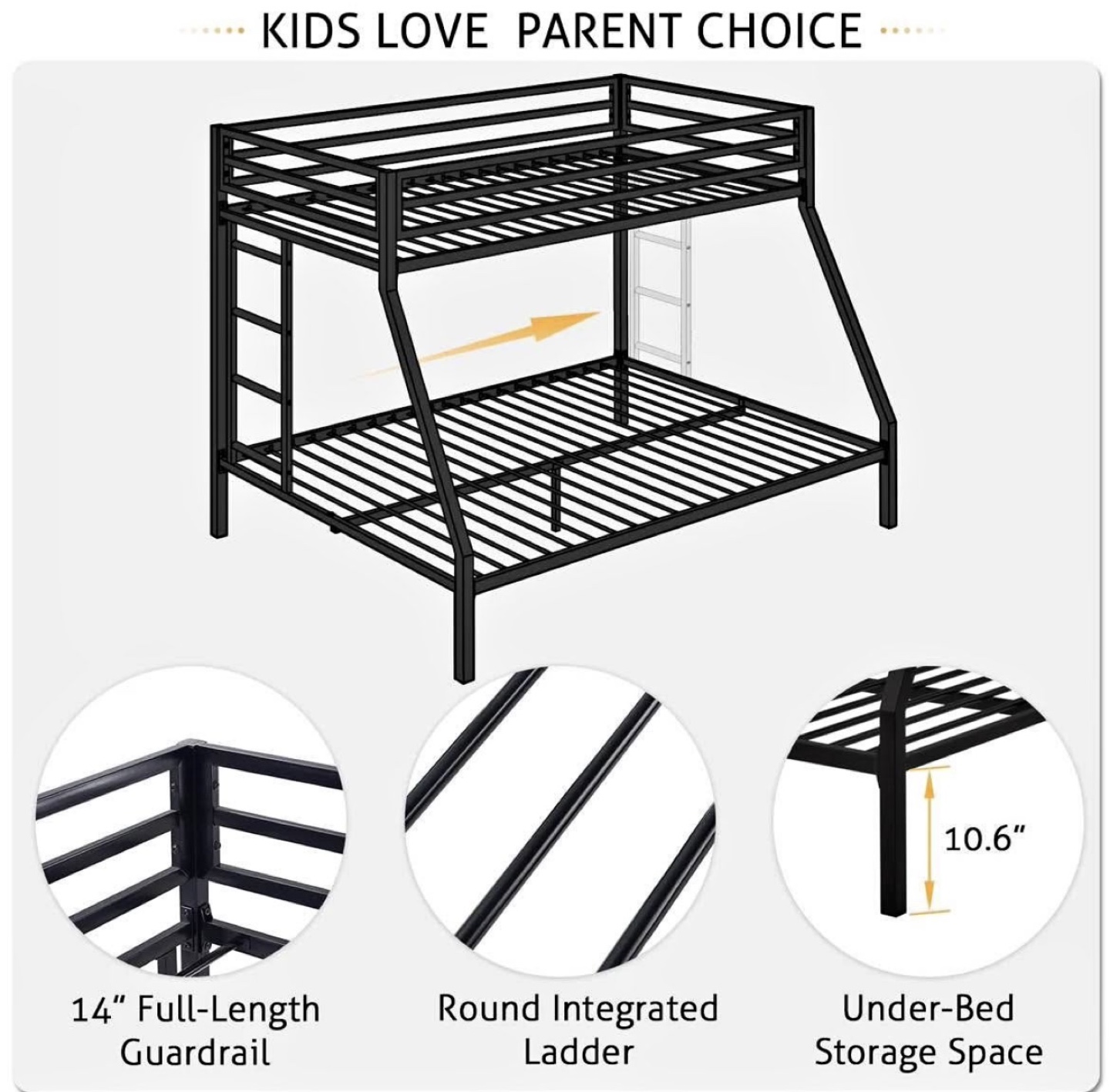 Kids Bunk Bed Frame, Metal Twin over Full, Black - photo 3