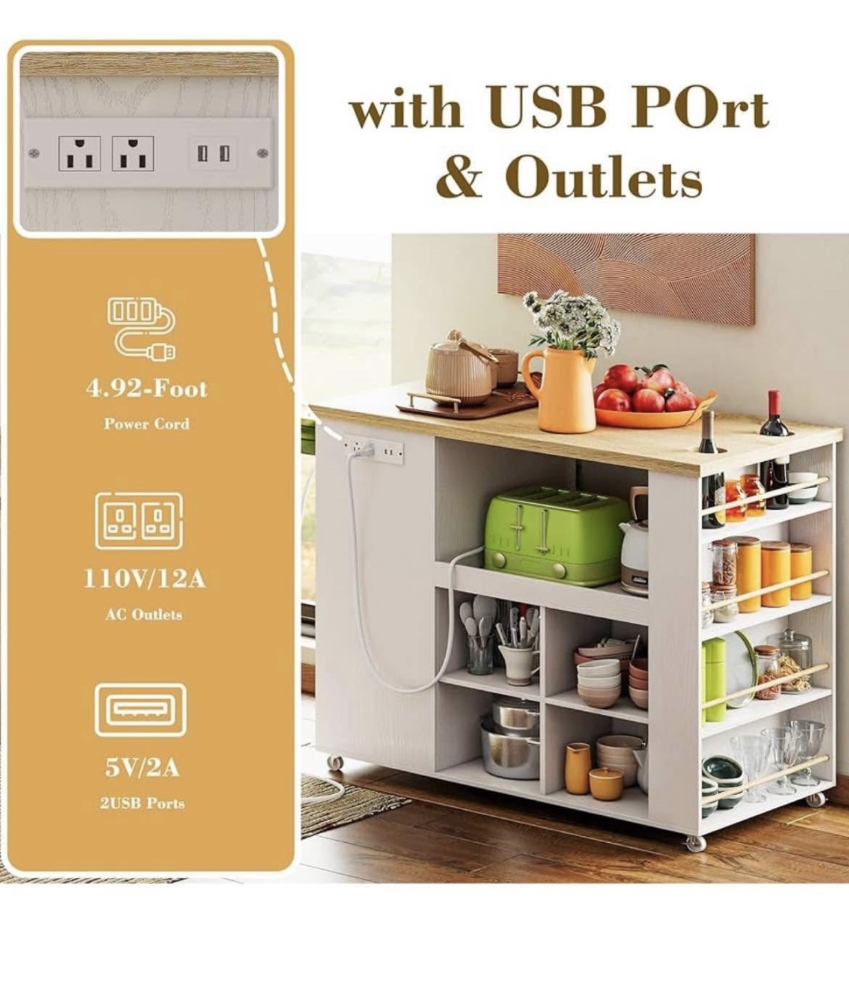 Kitchen Island Cart with Built-in Outlets & USB Ports - photo 2