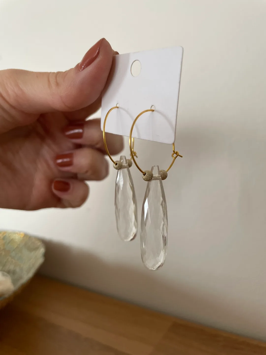 NWT Gold hoop earrings with clear teardrop pendants image indicator(2)