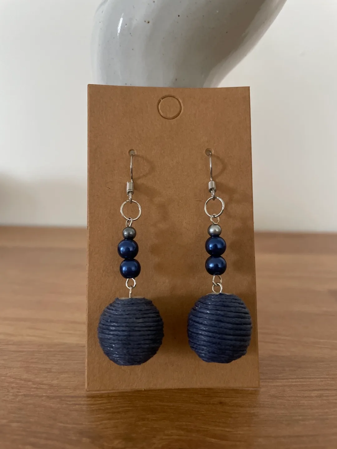 NWT Navy Blue Beaded Dangle Earrings image indicator(2)