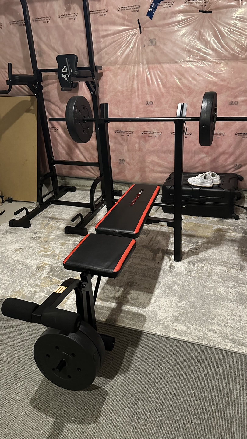 Bench with 100 lbs and dumbbells