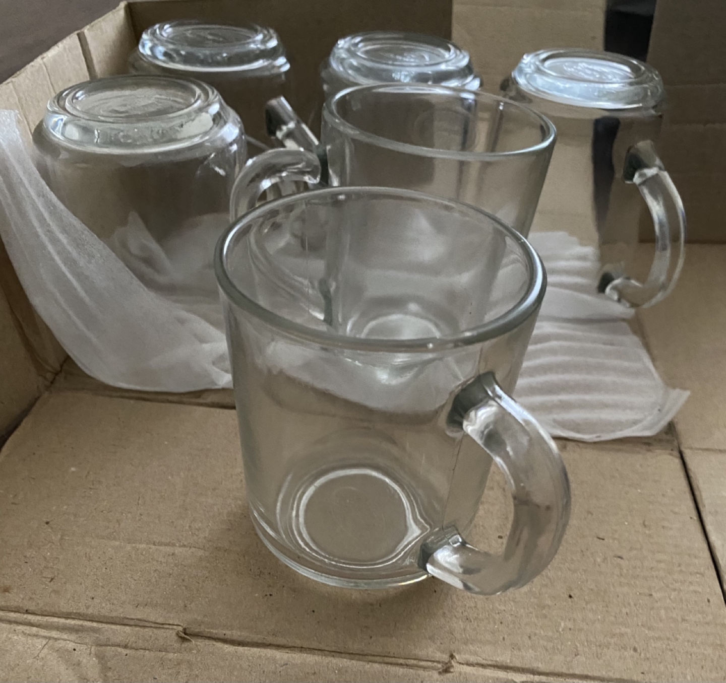 Set of six clear glass Tea cups/mugs