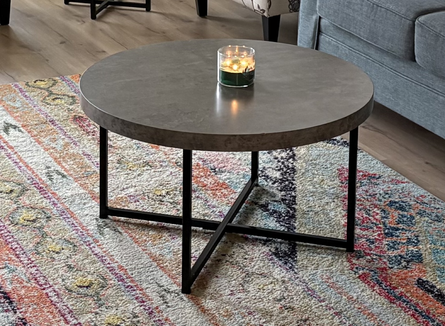 Round Coffee Table with Black Metal Legs and matching end table