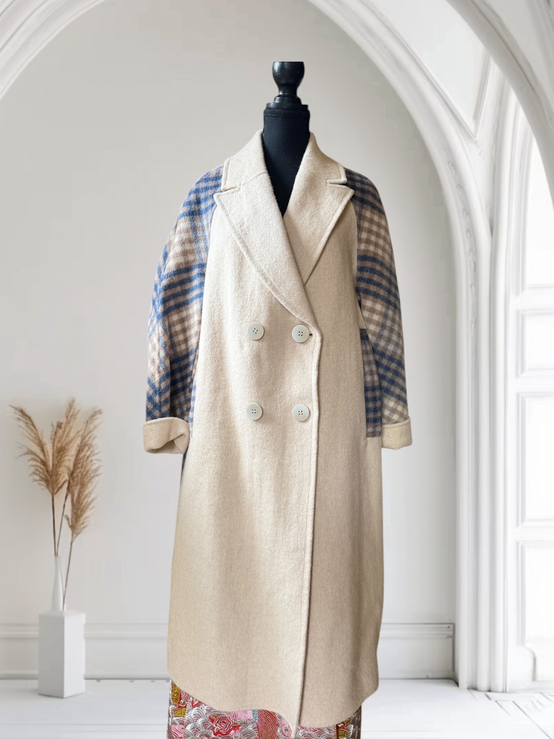 Unique Two-Tone Double-Breasted Wool Coat